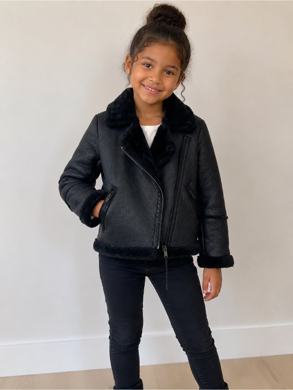 Primark Black Faux Shearling Jacket with Pink Heart Label 8-9 Years
